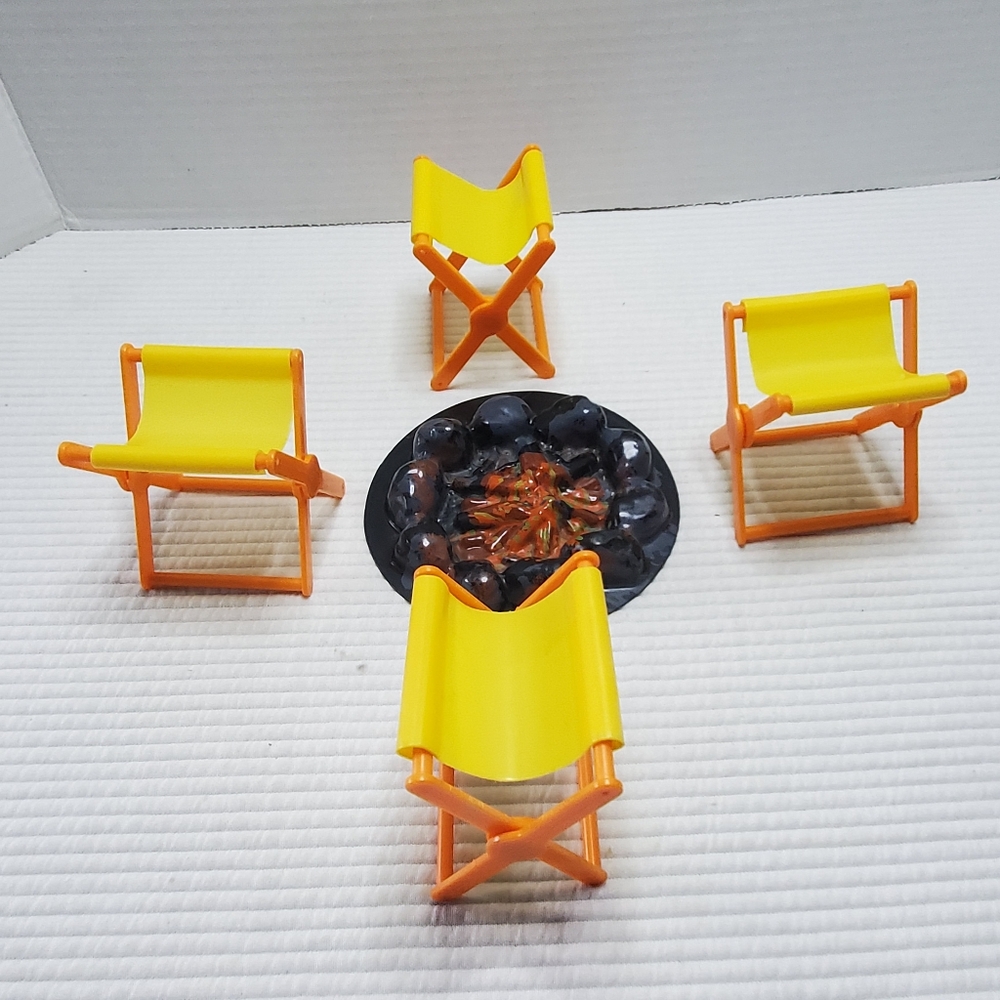 Barbie Bonfire Firepit Set With 4 Folding Camp Chairs Vintage 1980s Camping